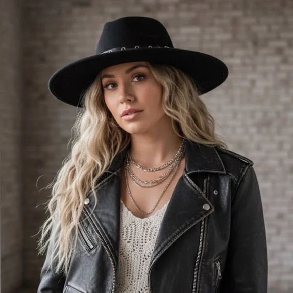 NWT Boho Gypsy Vibes Black Wide Flat Brimmed Fedora Ranchers Hat With Black Belt - Picture 2 of 6